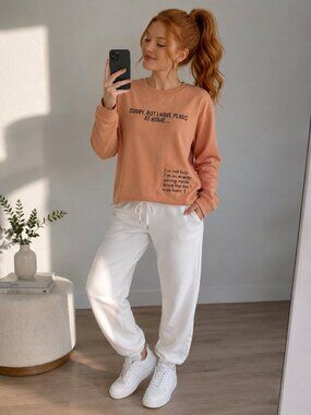 Women's Peach Graphic Sweatshirt - Sorry, But I Have Plans At Home